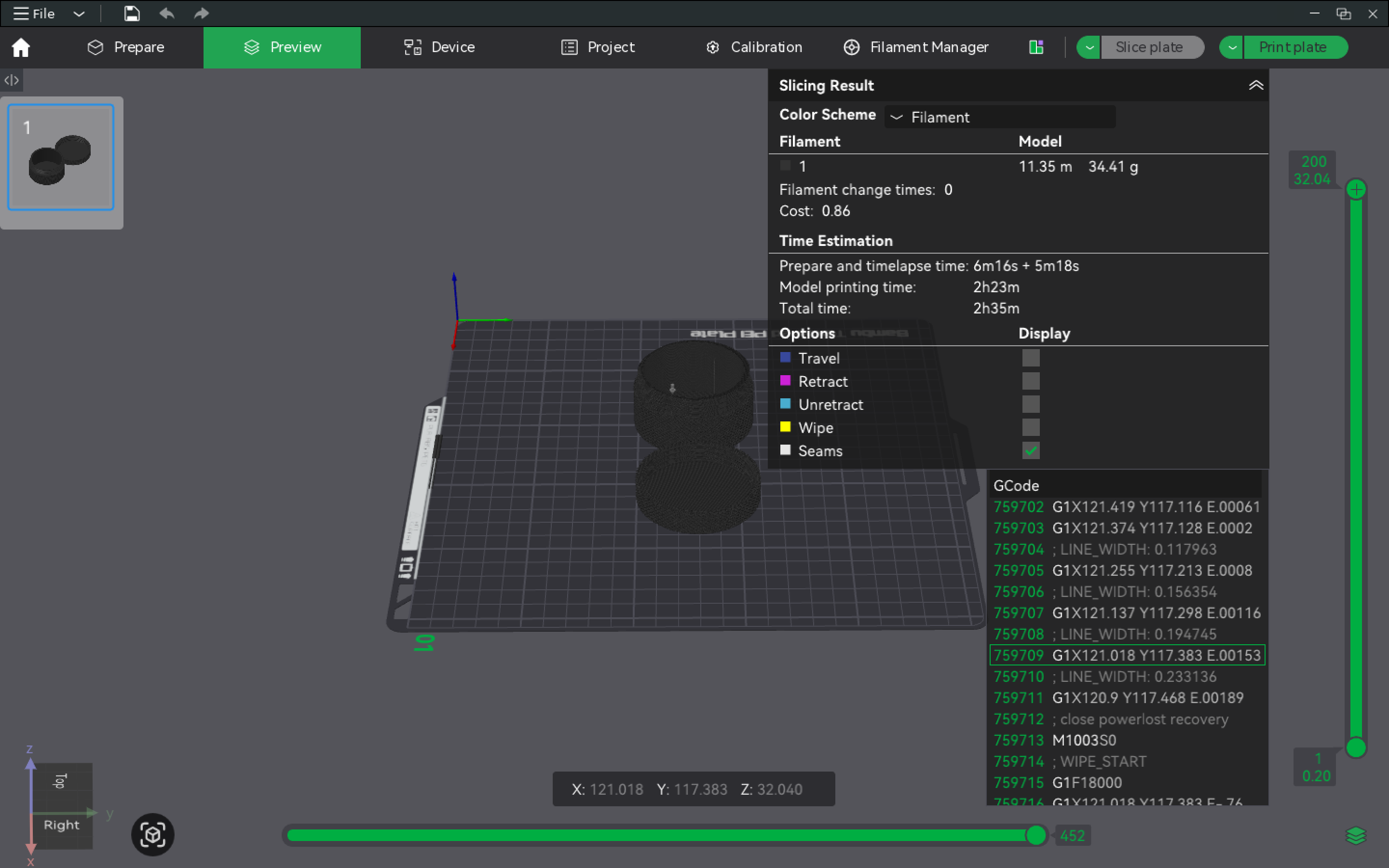 Slicer preview showing the model, layer slider, filament usage, print-time estimate, and G-code